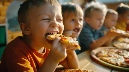 Boy joyfully biting into a slice of pizza, surrounded by friends at a party.