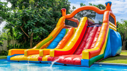 Inflatable multicolored water slide at a pool in a sunny, green park.