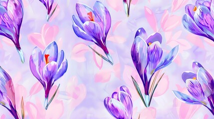 Fototapeta na wymiar Watercolor Spring Crocuses Seamless Pattern Spring