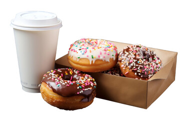 Delicious Indulgence: Box of Donuts and a Cup of Coffee. On a White or Clear Surface PNG Transparent Background.
