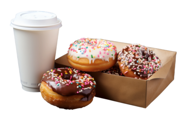 Delicious Indulgence: Box of Donuts and a Cup of Coffee. On a White or Clear Surface PNG Transparent Background.