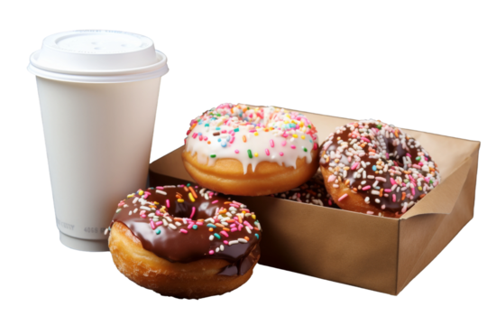 Delicious Indulgence: Box of Donuts and a Cup of Coffee. On a White or Clear Surface PNG Transparent Background.
