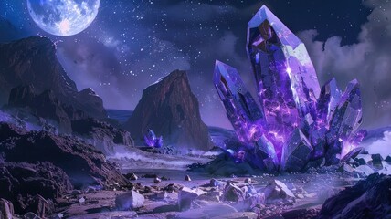Giant amethyst geode in moonlit landscape - Majestic purple amethyst crystal geode against a starry sky with a full moon A surreal, otherworldly landscape that captivates - obrazy, fototapety, plakaty