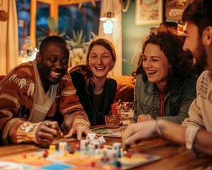Family of different ethnicities playing board games on a cozy evening, Family Enjoying Laughter and Board Games Together
