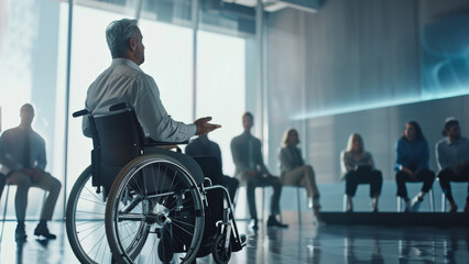 Man in a wheelchair leading a diverse group discussion in a modern office setting. - obrazy, fototapety, plakaty