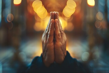 Hands in prayer gesture against blurred Christian background symbolizing faith worship and spiritual connection. Concept Faith, Worship, Praying Hands, Spiritual Connection, Christian Background