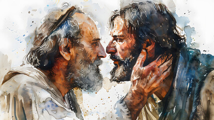 Man greeting another on the face with cheek kiss, judas and Jesus, white background, watercolor