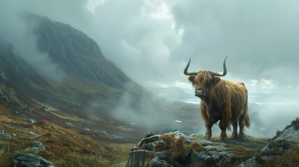 scottish highland cow beautiful animal trendy in a landscape with mountains