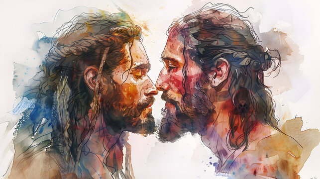 Man greeting another on the face with cheek kiss, judas and Jesus, white background, watercolor