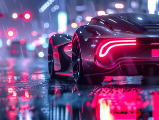 Modern electric sports car under city lights reflected on wet asphalt