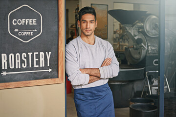 Barista, coffee shop and man with arms crossed in portrait for small business, owner with confidence and service. Entrepreneur, cafe and drinks with hospitality, professional and server in industry - Powered by Adobe