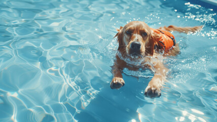 A golden retriever swimming in blue water with a life vest. - obrazy, fototapety, plakaty