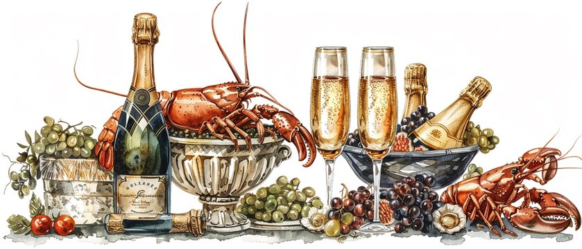 A dramatic rendering of luxury food icons, such as caviar, a lobster, and a bottle of champagne, each painted with a hint of gold and set against a white background to capture the opulence and indulge