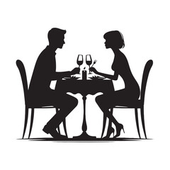 Vector Romantic Couple Dinner Silhouette: Intimate Dining Scene with Lovebirds- Couple dinner vector stock.