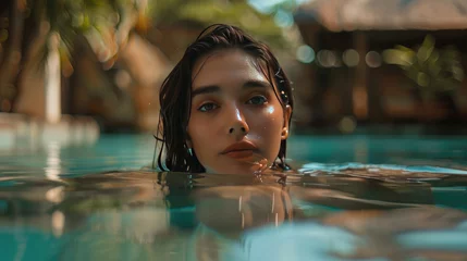 Foto op Plexiglas Beautiful woman on vacation relaxing in swimming pool at luxury tropical resort © Julia G art