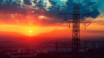 Sunset Power Lines, A mesmerizing view of electricity transmission against a vivid sky, blending technology with nature's beauty