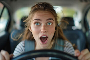 Obraz premium A woman is driving a car and is screaming. She is wearing a white shirt and has long hair. woman holding steering wheel surprise face