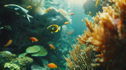 Naklejka na ściany i meble Sunrays illuminating underwater world teeming with marine life.