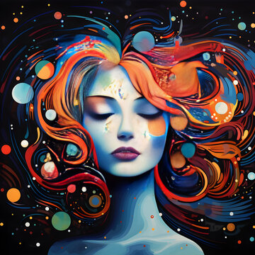 Cosmic Curiosity: Abstract Image of a Woman with Vibrantly Colored Galaxy-Inspired Hair Merging into Geometric Shapes