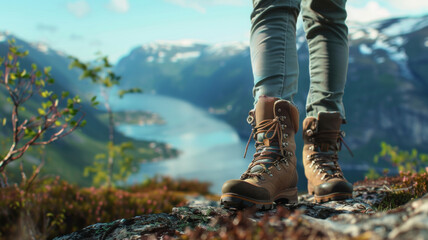 Hiker's boots on ledge, overlooking a serene fjord landscape.