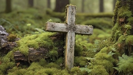 Delve into the sacred silence of the cotton cross, adorned with moss, a symbol of reverence amidst the timeless beauty of the green forest.