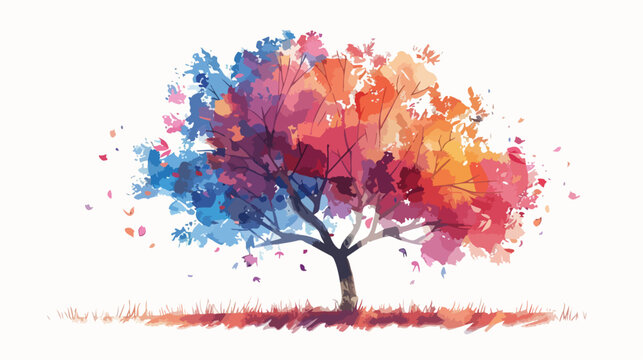 A stylized tree hand-painted with watercolors flat vector