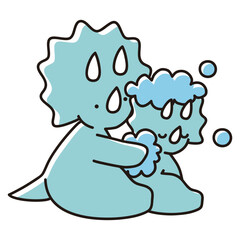 お風呂で子どもの身体を洗うトリケラトプスの親子のイラスト