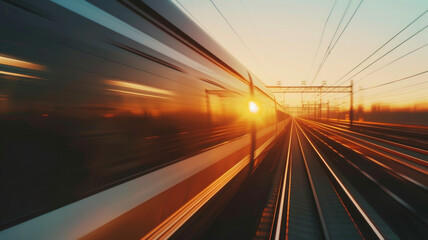 Fototapeta na wymiar Speeding train at sunset, its motion blur evoking the rapid pace of modern life and travel.