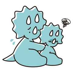 辛そうな子どもの背中をさする心配な表情のトリケラトプスの親子のイラスト
