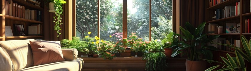 Fototapeta na wymiar A cozy reading nook by a window with a view of a lush urban garden