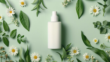 A blank white skincare bottle with a pump dispenser lying on pastel green background, daisies and green leaves around. 