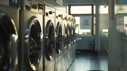Line of laundry machines in an empty, sunlit laundromat, echoing the quiet rhythm of daily chores. - obrazy, fototapety, plakaty