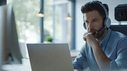 Professional man with headset focused on computer in modern office.