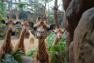 a group of giraffes walks around the reserve, one of the giraffes looks into the camera. Wildlife.  - obrazy, fototapety, plakaty