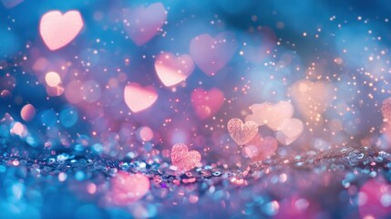 Fototapeta na wymiar Glitter vintage lights background. Ethereal bokeh with blue and pink lights, translucent hearts. Whimsical romance.