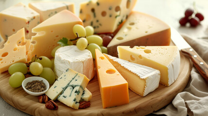 Assorted cheese platter, elegantly arranged for a gourmet tasting experience with grapes and nuts.