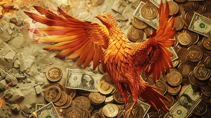 A phoenix rising from coins and banknotes symbolizing economic recovery - obrazy, fototapety, plakaty