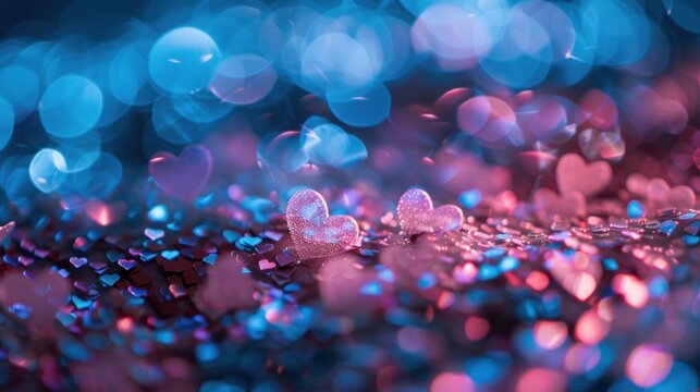 Dreamy Valentine's Background. Defocused blue and pink glitter lights with subtle hearts.