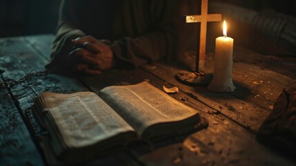 Candlelit Bible reflection. Sacred moment with open Bible and wooden cross. Flickering flames cast...