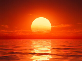 The sky is a beautiful shade of orange and the sun shines brightly, casting light on the water below.