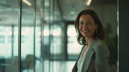 Confident professional woman smiling in a modern office environment.