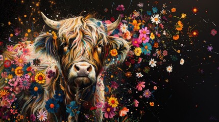 scottish highland cow beautiful animal trendy with flowers