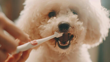 A fluffy dog enjoys dental care with a toothbrush in a heartwarming health routine.