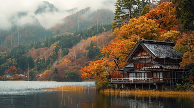 Enchanting autumn landscape with a fantasy house nestled by the serene lake
  Seamless looping 4k time-lapse virtual video animation background. Generated AI