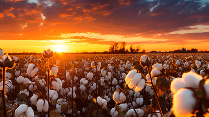  Serene cotton field at sunset cotton field with sunset sky in the style of rural landscapes and peaceful scenery  - obrazy, fototapety, plakaty