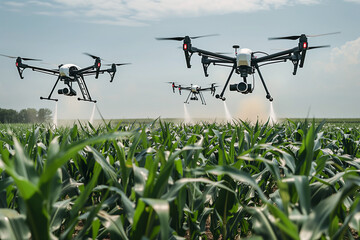 Several drones fly over a corn field with pesticide spraying systems