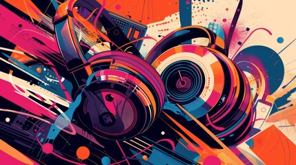 Vibrant Headphones in Abstract ADHD Music Symphony