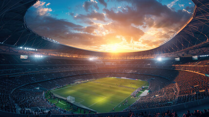 Futuristic smart stadium at sunset, glowing with advanced tech interfaces, bustling crowd. Soccer...