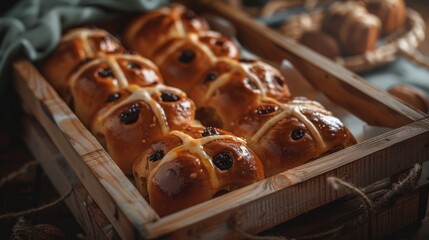 Traditional British Hot Cross Buns - Freshly baked buns with plump raisins arranged on a rustic wooden tray, symbolizing the Easter holiday. - obrazy, fototapety, plakaty