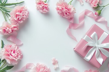 ピンクのカーネーションとプレゼントのイメージ、白背景